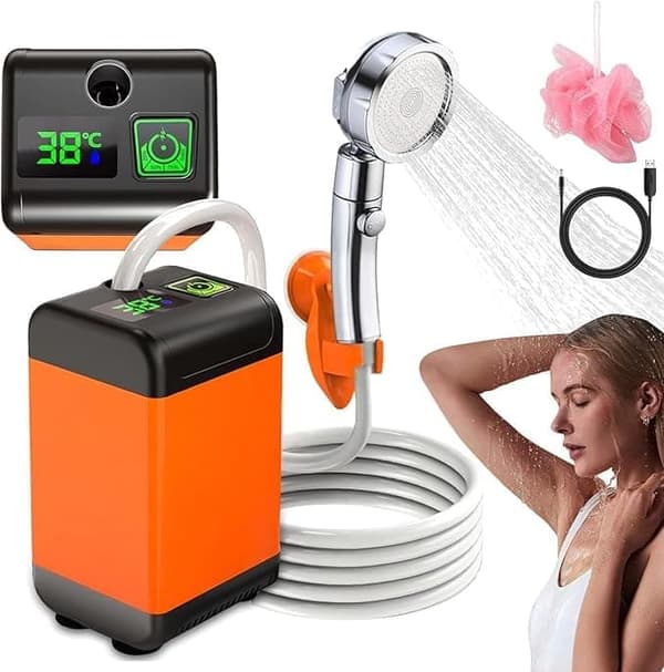 [RM]Portable Camping Shower - Smart Water Temperature, LED Display, 3 Spray Modes, 6000mAh Rechargeable, IP68 Waterproof