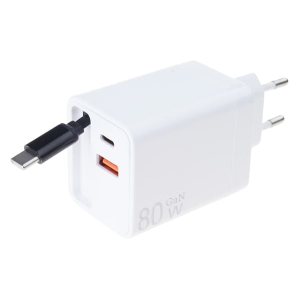[RM]3-in-1 Charger 80W Fast Charging Adapter With Retractable USB C Cable PD80W White White EU