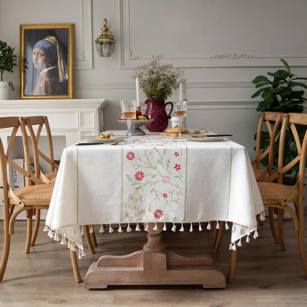 Rektangulär bordsduk i linne och bomull med tofsar och rosa blommor, modern minimalistisk stil, 140×180 cm