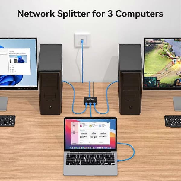 RJ45 Ethernet-splitter 1 till 3 LAN-splitter 1000 Mbps Gigabit Ethernet-switch med USB-C-strömkabel