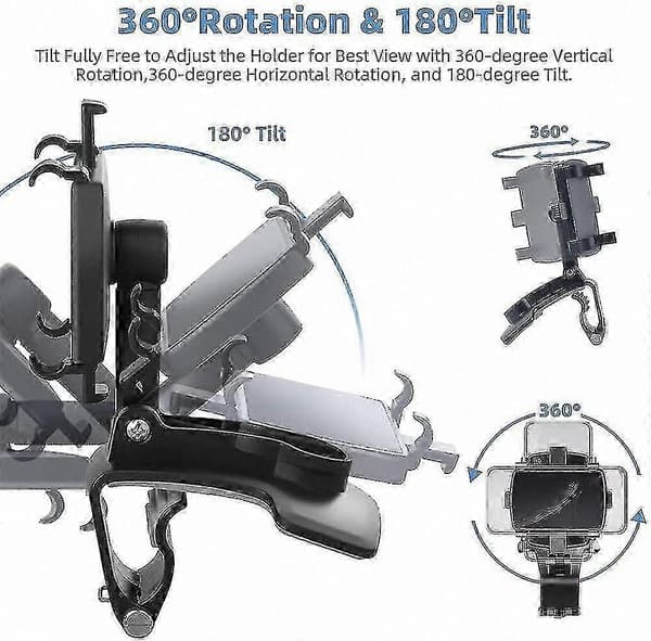 Multifunktionel bilinstrumentbræt telefonholder med 360 drejelig justerbar klips, sort