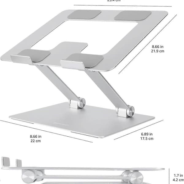 Ergonomiskt, stabilt och bärbart laptopställ med ventilation och kylning, hopfällbart, silver, aluminium