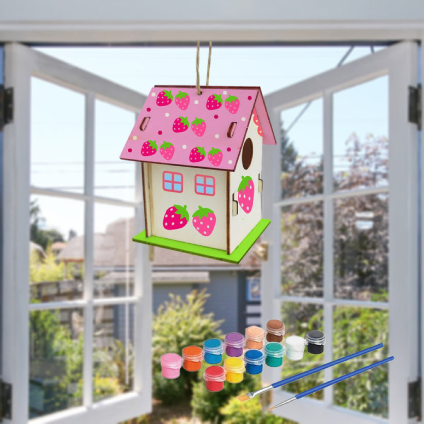 Gör-det-själv omålat fågelhus Byggnadsmålning Hängande fågelhus i trä Set B