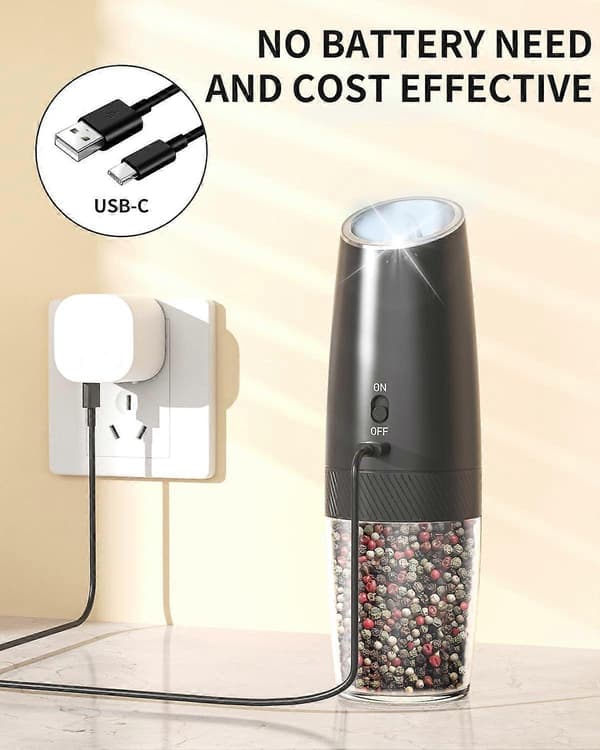 [RM]Electric Gravity Salt and Pepper Grinder Set USB Rechargeable Pepper Mill Adjustable Coarseness Black