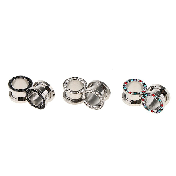 6st Öronmått i Rostfritt Stål Rhinestone Skruv Pluggar Tunnlar Expander 12mm