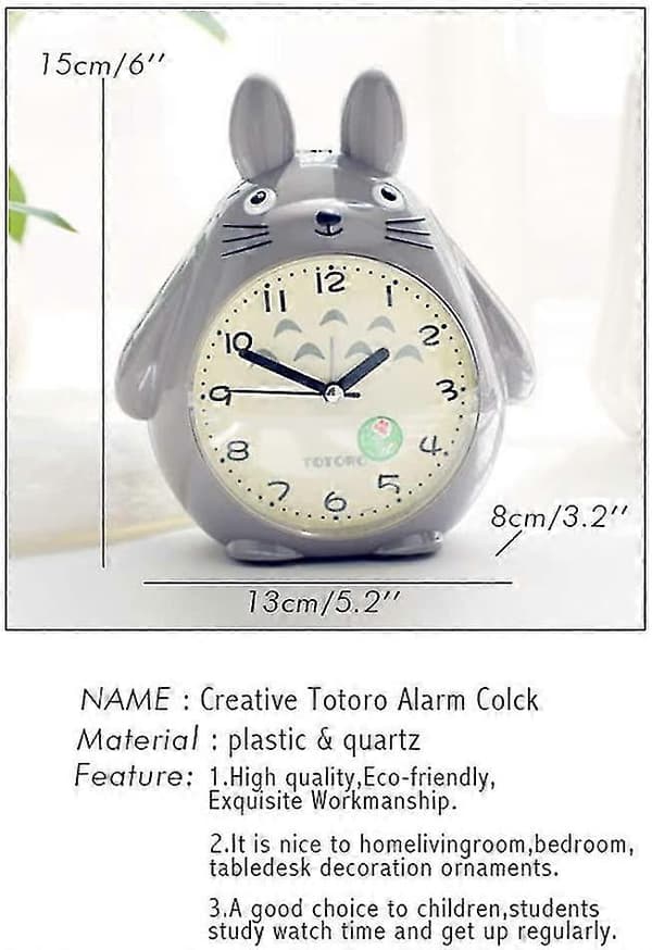 For Totoro-tema, Snooze-funksjon Stille og LED nattlys klokker Beste gave til barn tenåringer og venner, grå