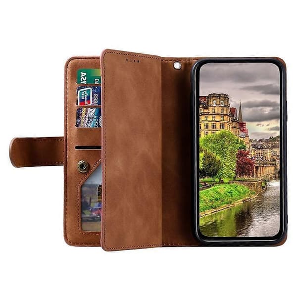 [RM] Kompatibelt etui til Xiaomi Redmi Note 14 Pro 4G, PU-læder cover med lynlås-pung og 9 kortpladser Brown