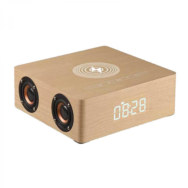 Multifunktionell Bluetooth-högtalare Retro Väckarklocka Trådlös Laddare Brun