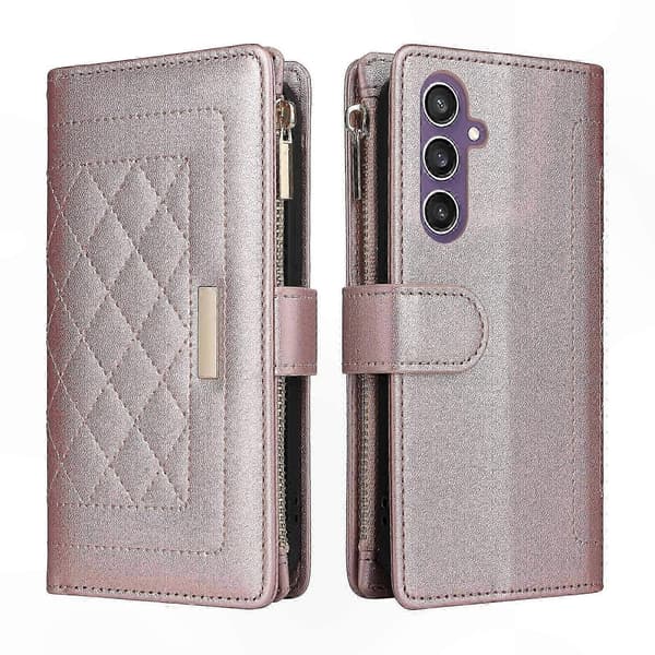 Læder Lynlås Pung Etui Designet til Galaxy S24 FE 5G Rose Gold