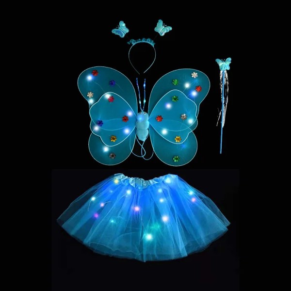 Påsk LED barnkläder rekvisita tjej kjol ängel glödande vingar fjärils kjol ljus set blue-4pcs