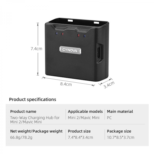 Tvåvägs Batteriladdningshubb för DJI Mavic Mini / Mini 2 Laddning Drönartillbehör 2 Batterier Färg: svart Nettovikt: 66.8g Storlek: