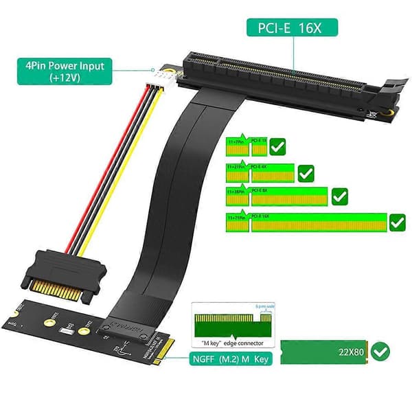 Riser Cable M.2 NVME to PCIE X16 Adapter Graphic Extension Cable 90 Degree PCI Express 3.0 16X to M Key Riser Cable B Black