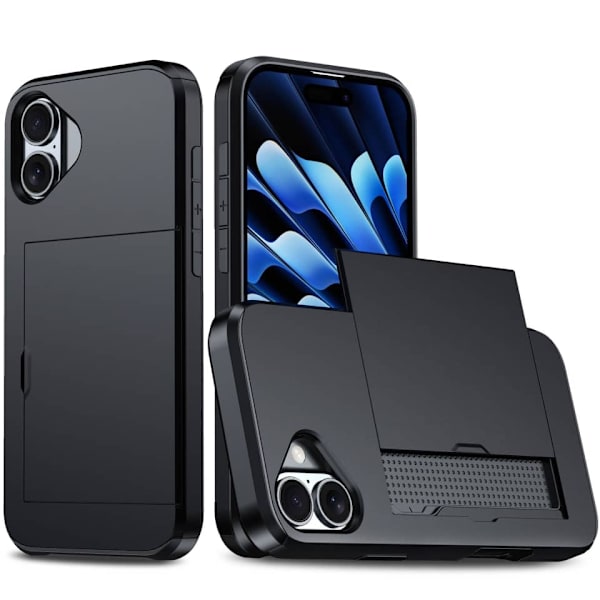 iPhone 16 cover med kortholder Sort Black Svart