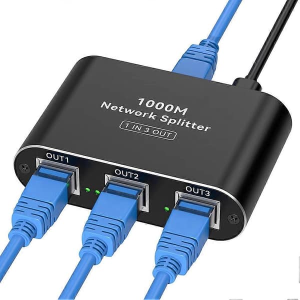 RJ45 Ethernet-splitter 1 til 3 LAN-splitter 1000 Mbps Gigabit Ethernet-svitsj med USB-C strømkabel