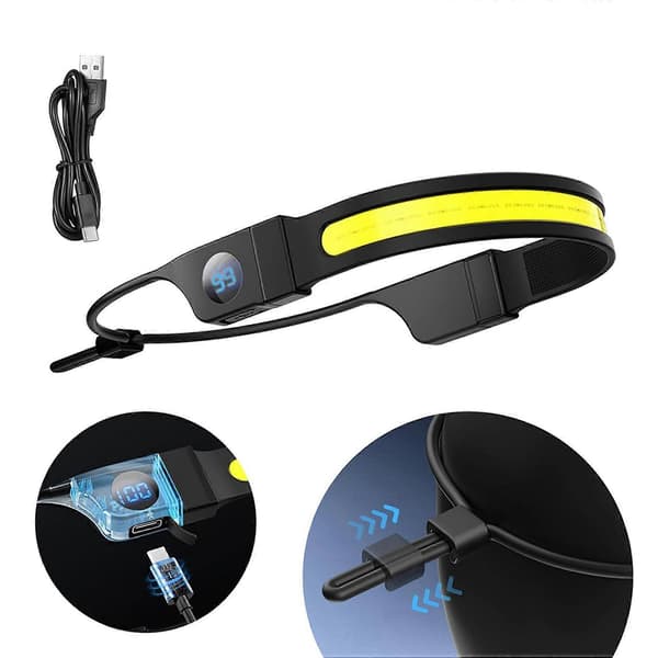 2X LED COB Hodelykt USB Oppladbar Hodelykt Digital Strømvisning Hodelykt for Camping Turgåing Fiske Vandring Black