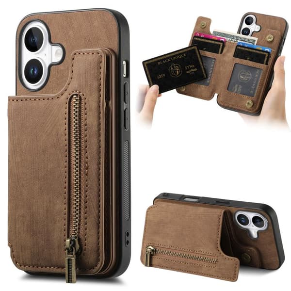 [RM]iPhone 17 Retro Læder Lynlås Cover Brun