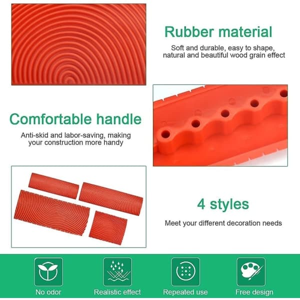 4 st gummiverktyg för tre år gummimålningskam konstträ DIY-imitationsfärgrullar för möbler, väggdekor (röd)