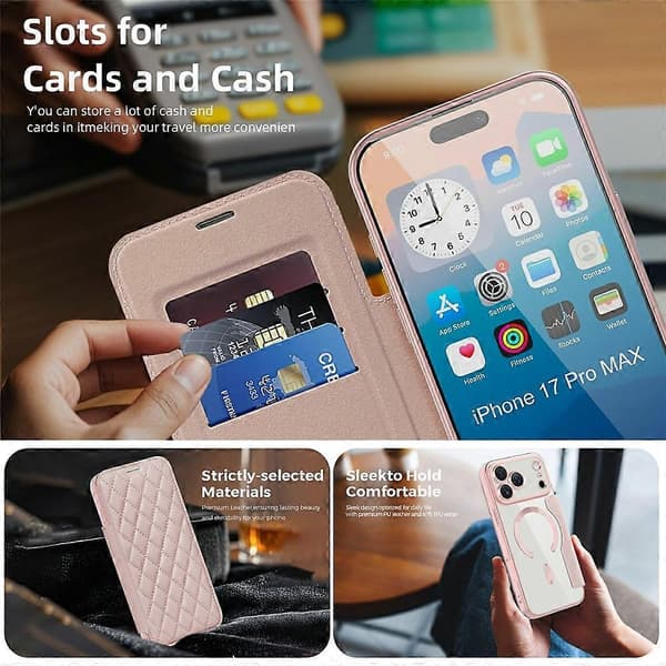 [RM] Kompatibelt etui til iPhone 17 Pro Max, kompatibelt med MagSafe, rombeformet PU-lædercover Pink