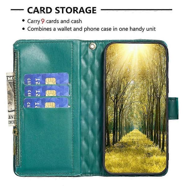 Til Samsung Galaxy A41 Diamond Lattice Lynlås Pung Læder Flip Telefonetui Green