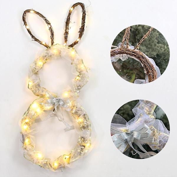 Påskhare Girlang Trä Led Rotting Vävd Tyg Mjukt Ljus Hängande Ornament New Silver M