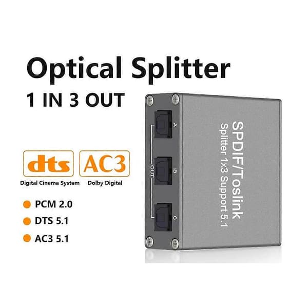 SPDIF Digital Audio Splitter 1x3 Toslink Optisk 3-vejs adapter understøtter LPCM 2.0 DTS -AC3 til /TV// Gray