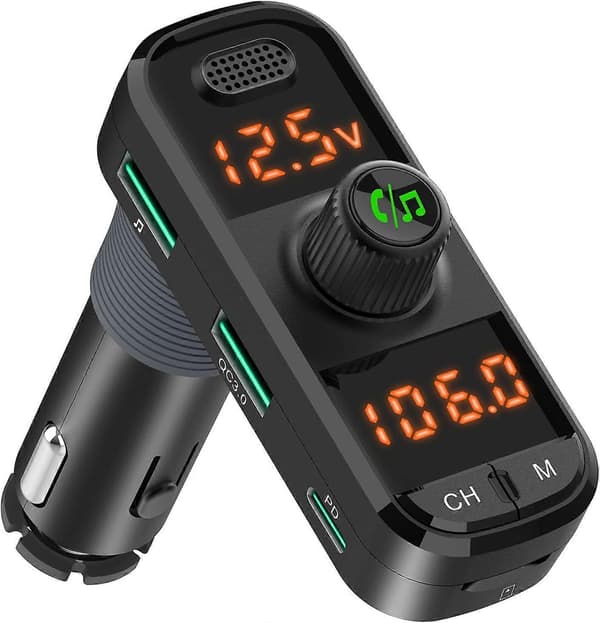 FM-sender Bluetooth 5.0 bilradiomottaker med 2 mikrofoner, 41W billader PD QC 3.0 med håndfri samtale, 2024 Ping