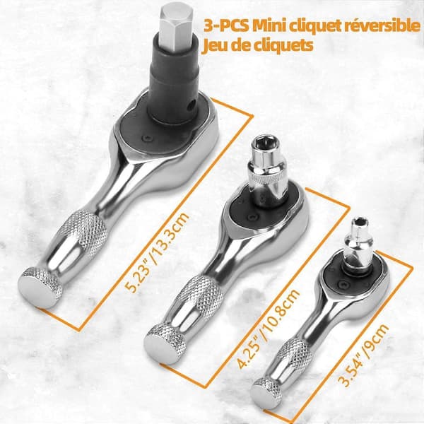 3-delars set med vändbara minispärrskaft 1/4\"-3/8\"-1/2\" 72-tänders spärrnyckel i Cr-V-stål