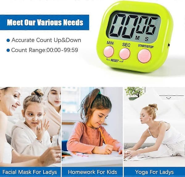 Magnetisk kökstimer med stor LCD-display, timer för matlagning, studier, högt larm och nedräkning, grön, ett stycke, Lilaris