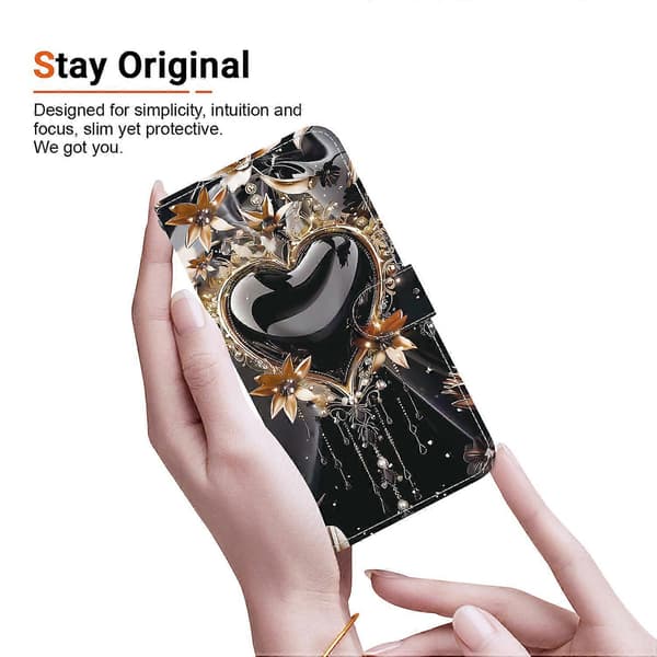 TKdaddy Til Samsung Galaxy A17 5G Pungcover Mønstertryk Læder Stativ Telefoncover med Rem Sort Guld Hjerte