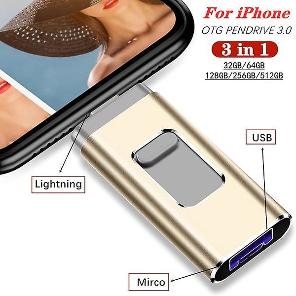 3-i-1 USB 3.0 Flash Drive 128GB Metall Pendrive Android OTG Mirco USB Minne Blue