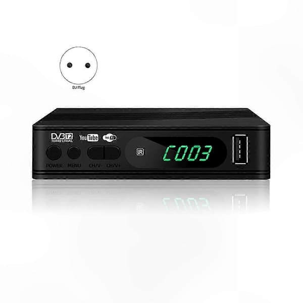 Fuld HD Digital TV-tuner med HEVC H.264-understøttelse DVB-T2-modtager Videoafkoder EU-stik-kompatibel Black