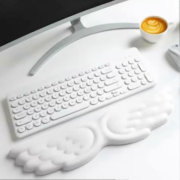 Tastatur håndledsstøtte englevinge memory foam musemåtte sæt håndledsstøtte ergonomisk skridsikker til computer bærbar nem at skrive White