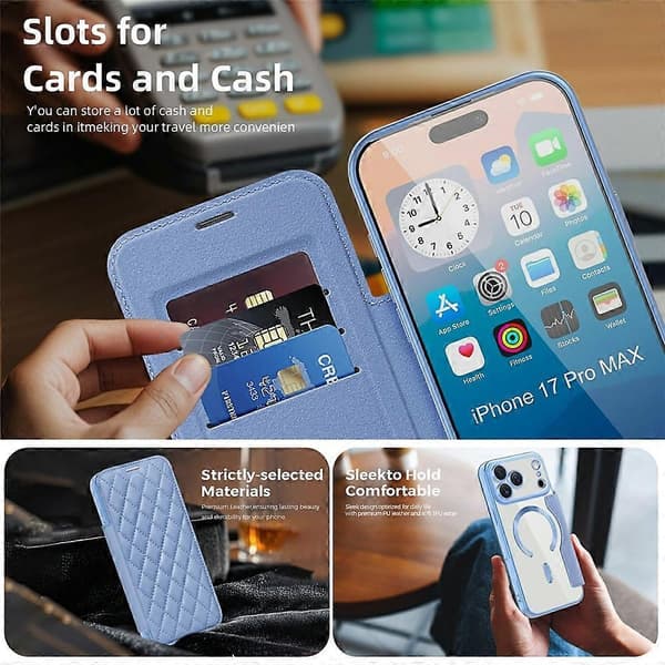 [RM] Kompatibelt etui til iPhone 17 Pro Max, kompatibelt med MagSafe, rombeformet PU-lædercover Blue