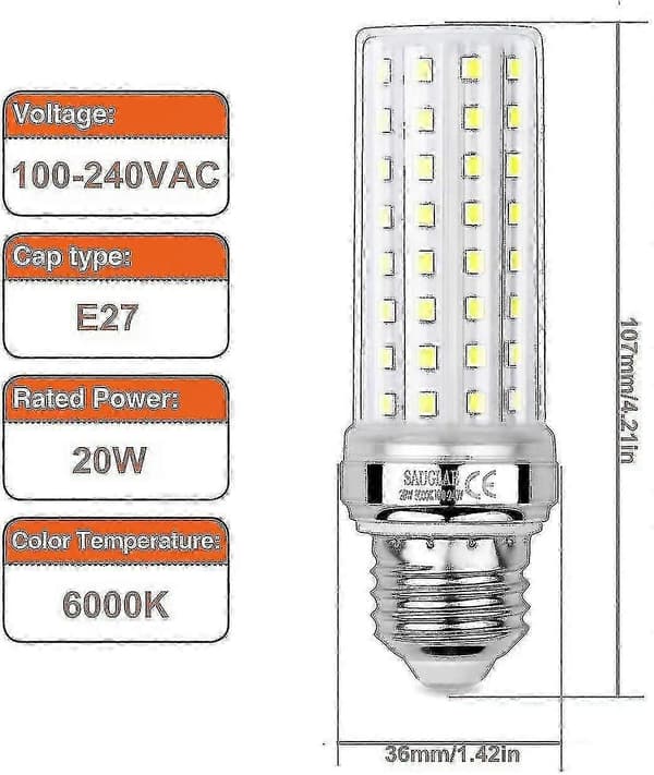 20w LED Maispærer, 150w Tilsvarende Glødepære, 6000k Kaldhvit, E27 Edison Skrupærer, 3 Stykker