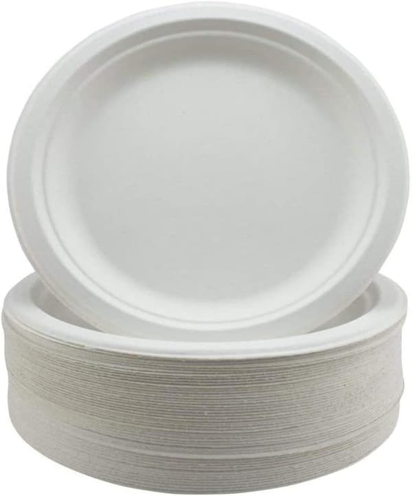 Superstiff Paper Plates - Extra Strong White Disposable Bagasse Sugarcane Plates - Eco-Friendly, Biodegradable - 9 Inch - 100 Pack