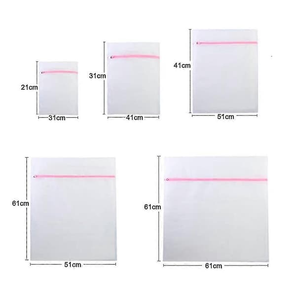 Vaskepose i netting, sett med 5, hvit, delikat, slitesterk vaskepose i polyester