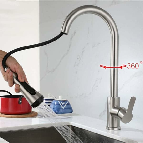 [RM] Kitchen Faucet with Pull-Out Spout 4 Modes - Single-Handle Mixer - Stainless Steel - Modern Design - With Silver Spray KLB