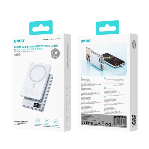 BWOO Powerbank P75 Magnetisk 5000mAh PD 20W USB-C Sølv - Digitalt Display