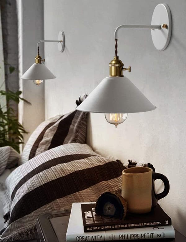 [RM]Wall lamp with switch, White Macaron Wall Lamp E26 Edison Copper Lamp Holder with Frosted Painted Body Bedside