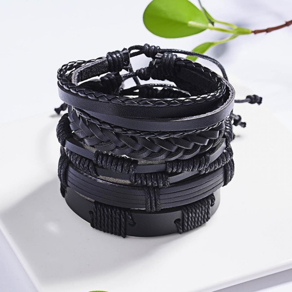 Justerbart läderarmband med vävd manschett Retrostil 5st Svart