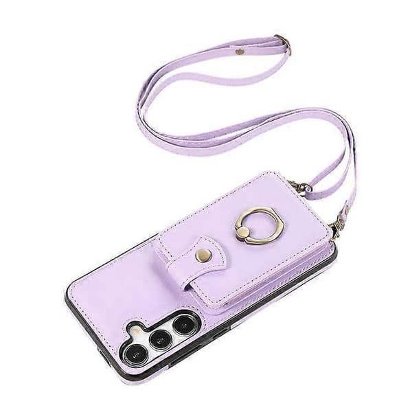 Kompatibelt deksel til Samsung Galaxy A56 5G med kortholder, ringstativ, TPU + PU-lær og lang stropp Purple