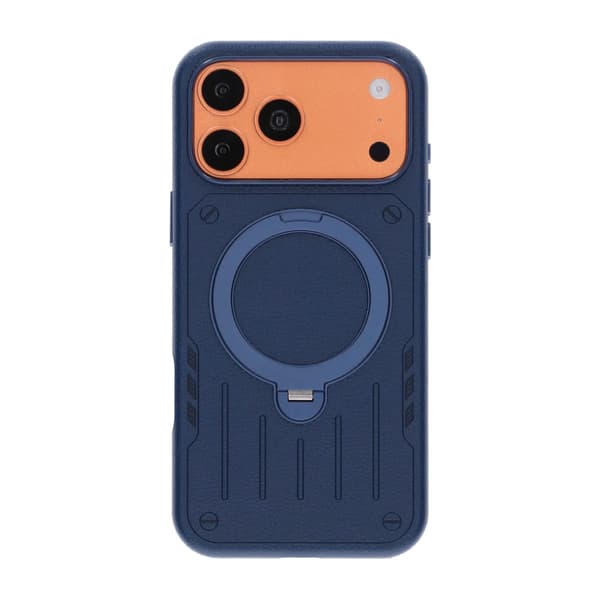Mobilskall Mecha-stil med Roterbart Stativ til iPhone 17 Pro og 18 Pro - Blå PU Leather