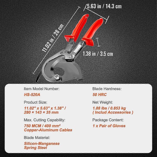 [RM] Ratchet Cable Cutter, 11\" Wire Cutter, for Cutting Up To 400 mm / 780 MCM Electrical Cable