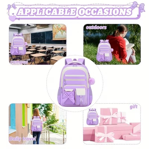 [RM]3-Piece Backpack Set for Women with Bow, 15.6 Inch Laptop Backpack, Spacious School Bag with Pockets Black+Pink