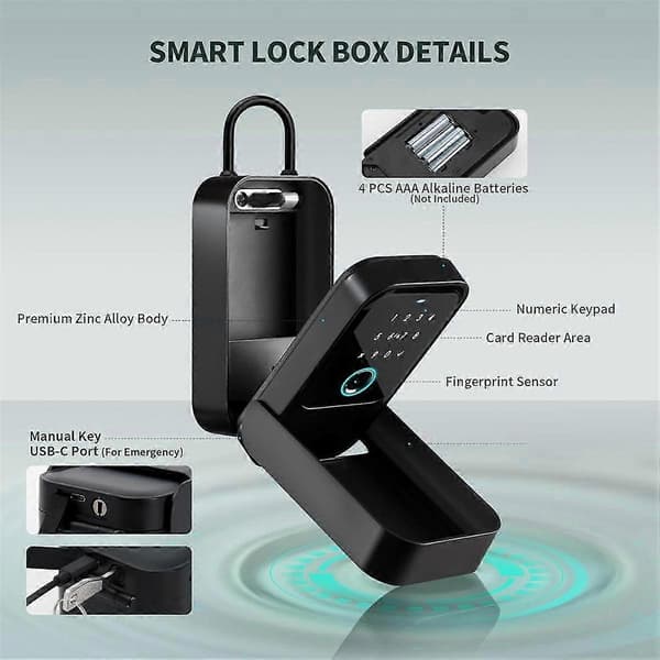 Smartlock Box til Husnøgle med 5 Oplåsningsmetoder Fingeraftryk, App-kontrol, Adgangskort, Adgangskode, Velegnet til Kontor