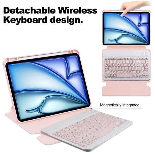 iPad Air 13 2025/2024 Case with Transparent Rotation and Smart Leather Case with Keyboard[RM] Rosa