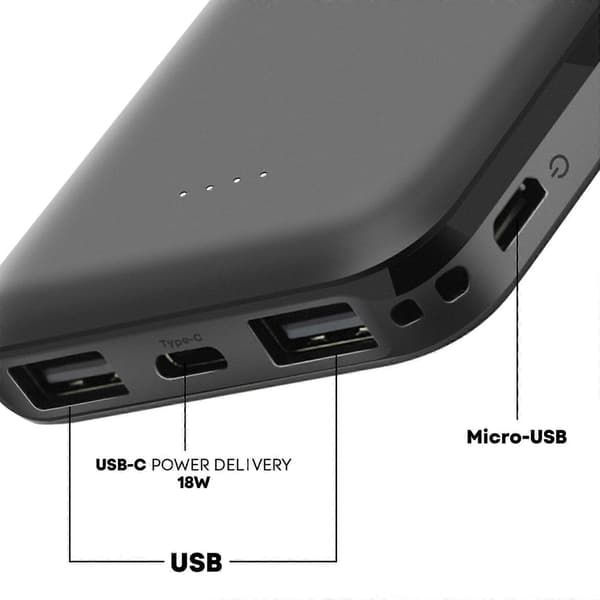 Powerbank 5000 mAh 2 USB-porter og USB C-port hurtiglading Black