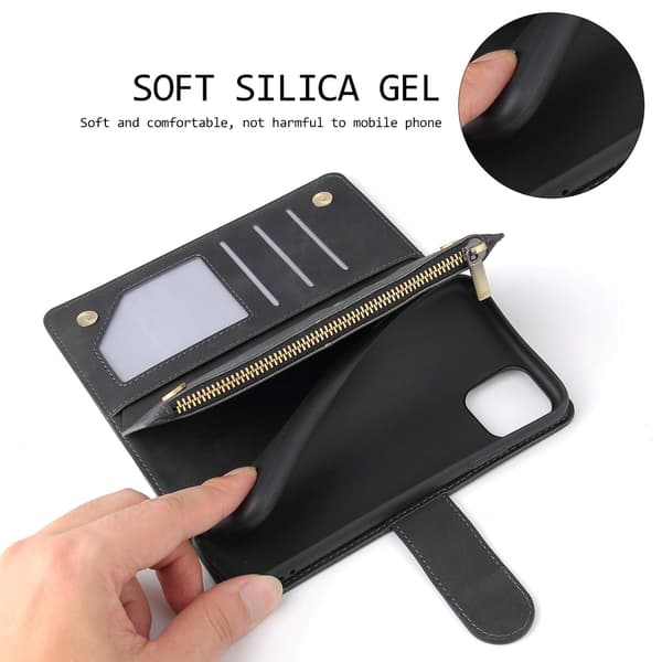 Wallet Case for iPhone 11, Zipper Wallet, Stand, Card Slots with Wrist Strap, Shockproof TPU Flip Case for iPhone 11 - Black[RM]