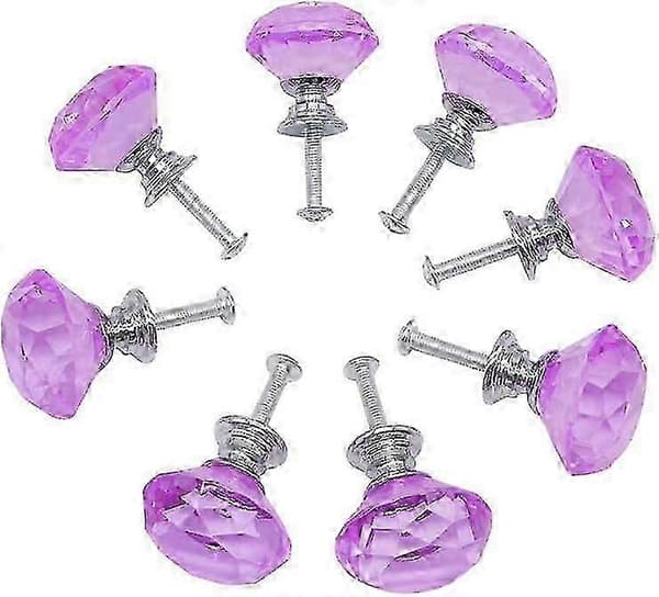 30 mm diamantdörrknoppar 8 st lila, kristallglas med matchande skruvar