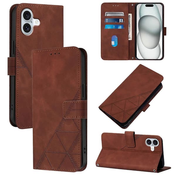 [RM] Crossbody 3D-preget flip-skinnveske til telefon, brun Brown For iPhone 16 Plus